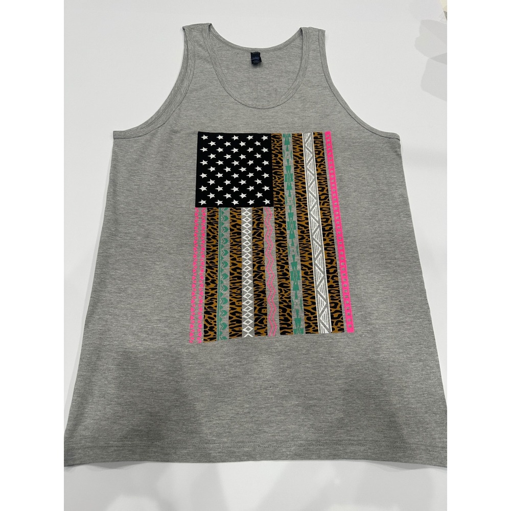 Tultex Mens American Flag Tank Top Gray Leopard Aztec Print Sleeveless Large